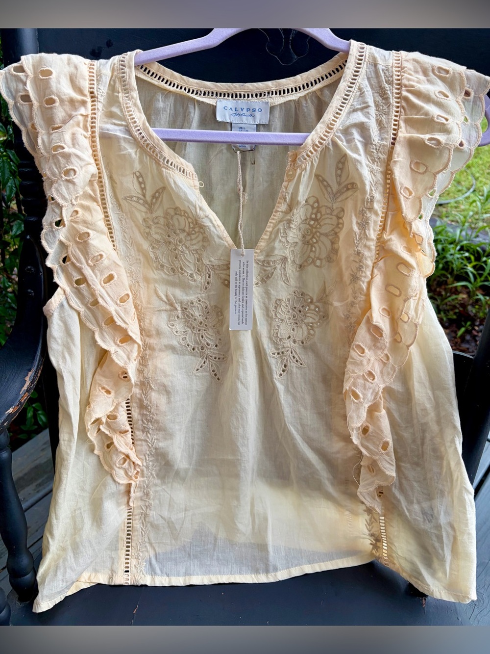 NWT CALYPSO BY ST. BARTH Pale Yellow Embroidered Ruffle Sleeve Blouse